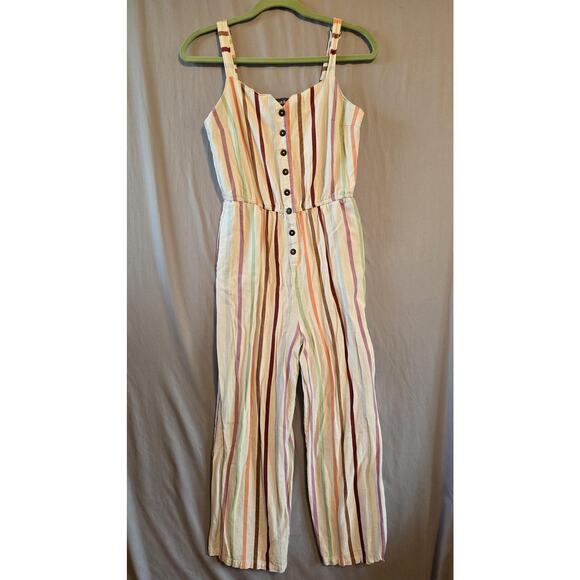 ModCloth Jumpsuit Womens Medium Stripe Pastel Linen Blend Button Front Wide Leg - Picture 1 of 10